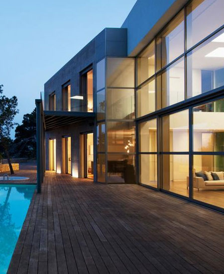 Modern villa exterior at dusk
