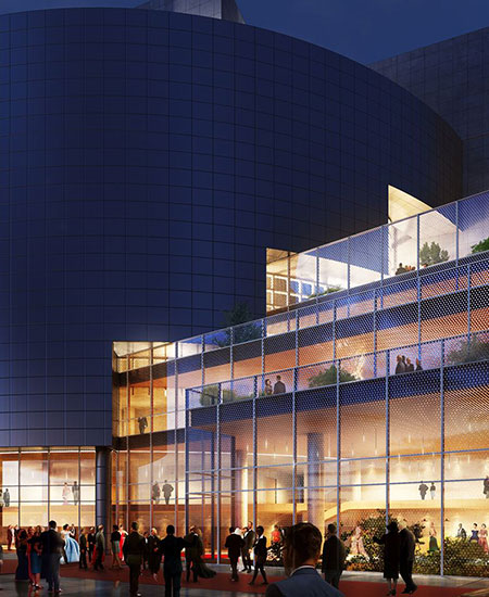 Commercial building facade at night